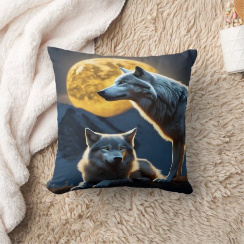 Moonlit Wolves on Mountain Ridge  Throw Pillow