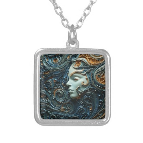 Moonlit Woman 3D Art Silver Plated Necklace