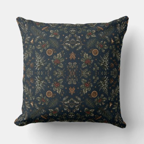 Moonlit Yule Botanical Pattern Throw Pillow