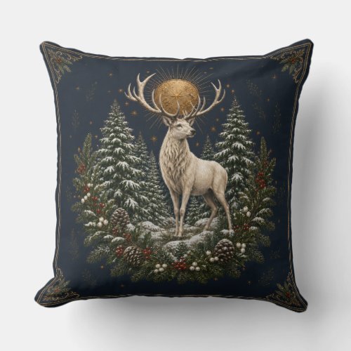 Moonlit Yule White Stag Winter Throw Pillow