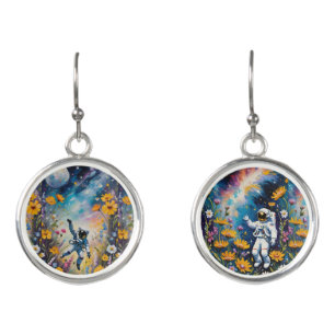 Moonman Space Astronauts in a Floral Galaxy Earrings
