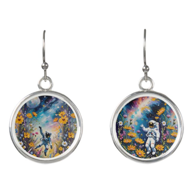 Moonman Space Astronauts in a Floral Galaxy Earrings (Front)