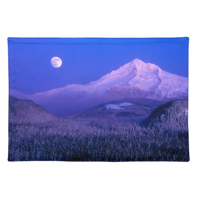 Moonrise Over Mt. Hood Oregon in Winter Cloth Placemat (Front)