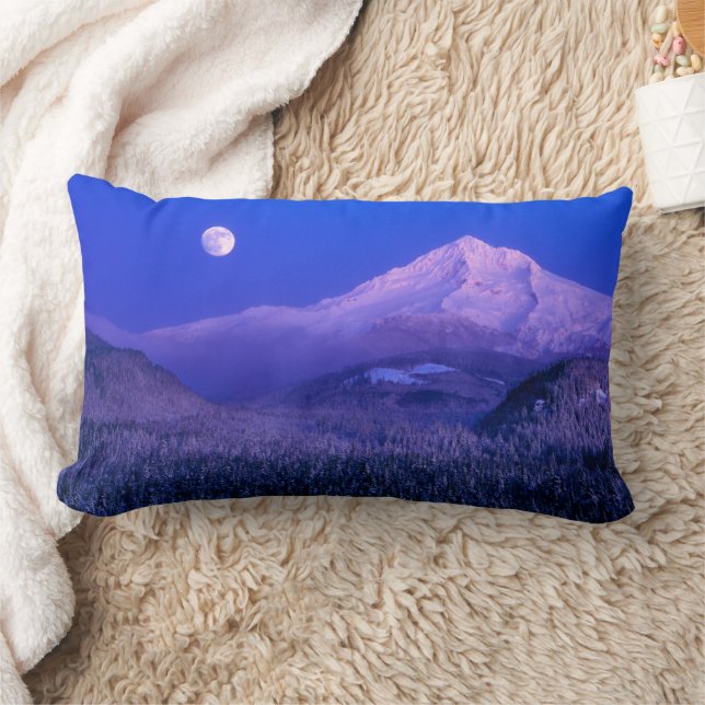 Moonrise Over Mt. Hood Oregon in Winter Lumbar Pillow (Blanket)