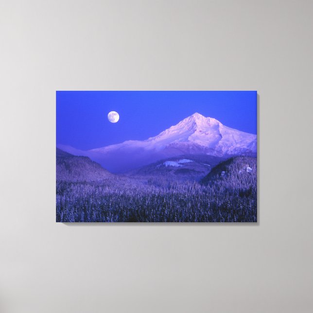 Moonrise over Mt Hood winter, Oregon Canvas Print (Front)