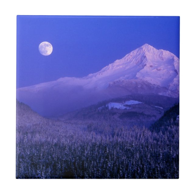 Moonrise over Mt Hood winter, Oregon Ceramic Tile (Front)