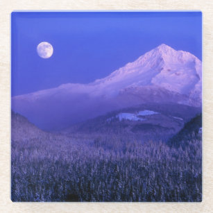 Moonrise over Mt Hood winter, Oregon Glass Coaster