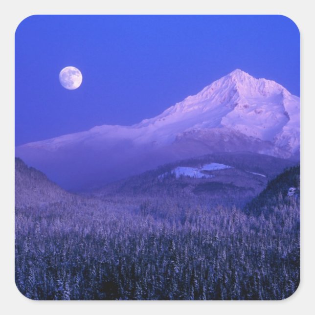 Moonrise over Mt Hood winter, Oregon Square Sticker (Front)