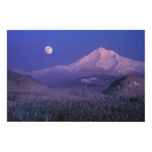 Moonrise over Mt Hood winter, Oregon Wood Wall Decor