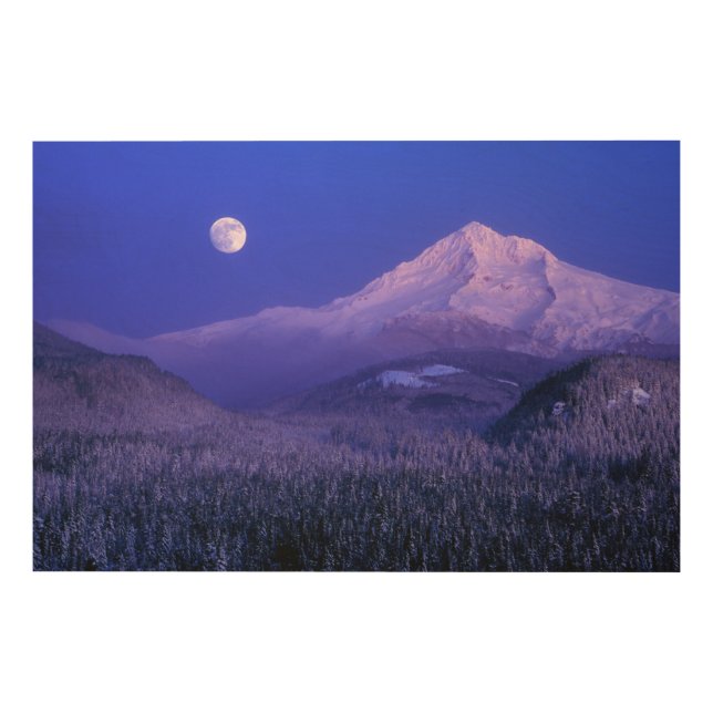 Moonrise over Mt Hood winter, Oregon Wood Wall Decor (Front)