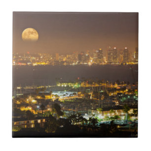 Moonrise over the San Diego skyline Ceramic Tile