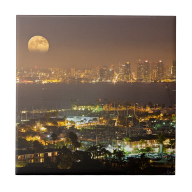 Moonrise over the San Diego skyline Ceramic Tile (Front)