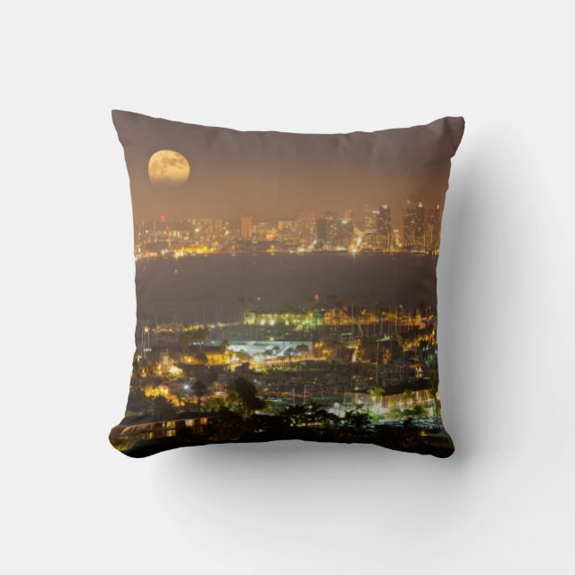 Moonrise over the San Diego skyline Throw Pillow (Front)