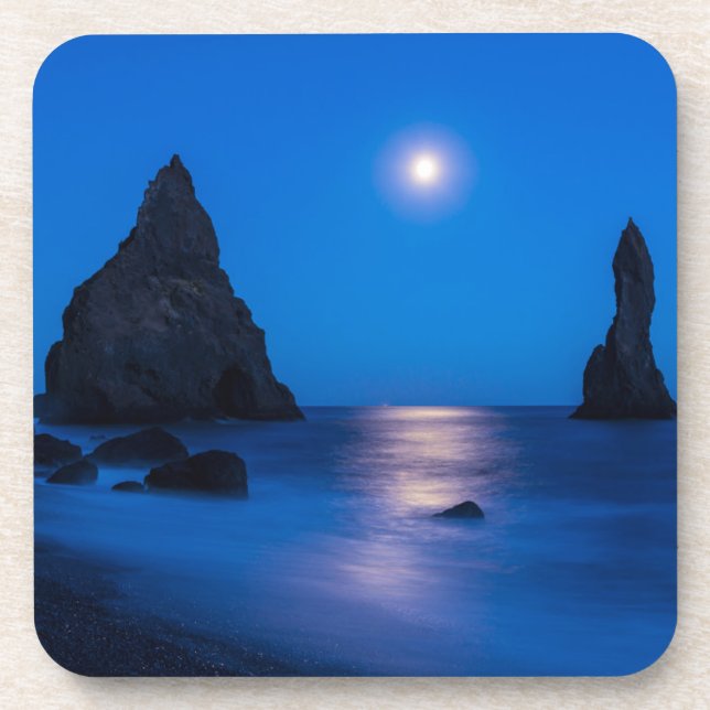 Moonrise Reflection | Iceland, Reynisdrangur Beverage Coaster (Front)