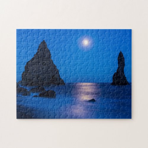 Moonrise Reflection  Iceland Reynisdrangur Jigsaw Puzzle
