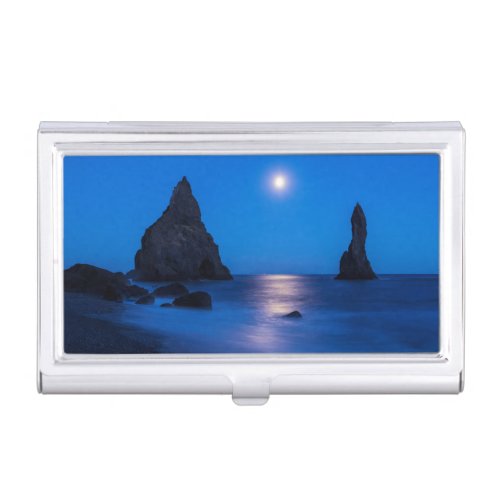 Moonrise reflection on ocean and sea stacks business card case