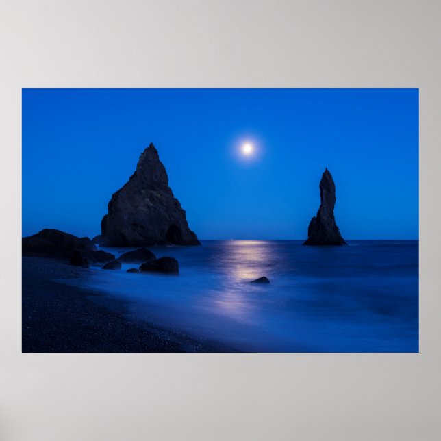 Moonrise reflection on ocean and sea stacks poster (Front)