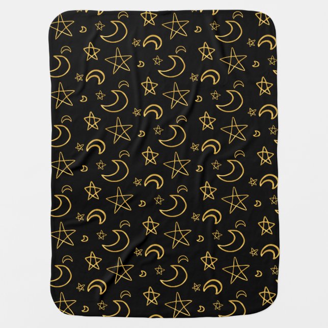 Moons and Stars Gold Pattern Baby Blanket (Front)