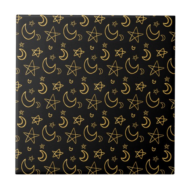 Moons and Stars Gold Pattern Ceramic Tile (Front)