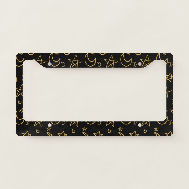 Moons and Stars Gold Pattern License Plate Frame (Front)