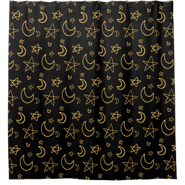 Moons and Stars Gold Pattern Shower Curtain (Front)