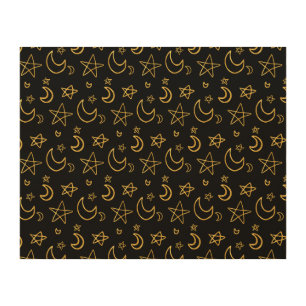 Moons and Stars Gold Pattern Wood Wall Art