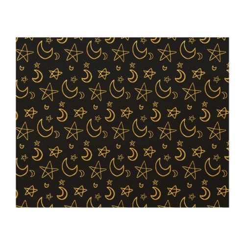 Moons and Stars Gold Pattern Wood Wall Art