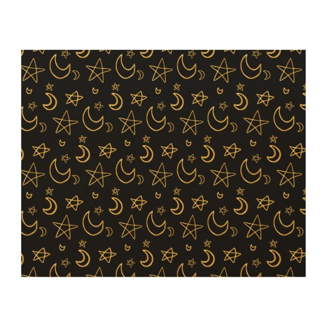 Moons and Stars Gold Pattern Wood Wall Art (Front)