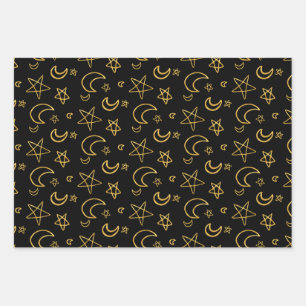 Moons and Stars Gold Pattern Wrapping Paper Sheets