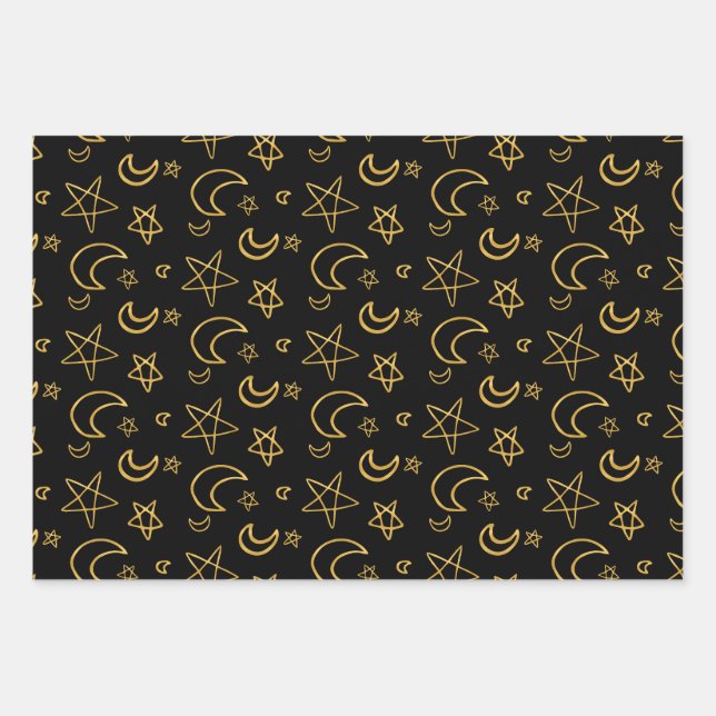 Moons and Stars Gold Pattern Wrapping Paper Sheets (Front)