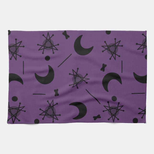 Moons & Stars Atomic Era Abstract Eggplant Purple Kitchen Towel (Horizontal)
