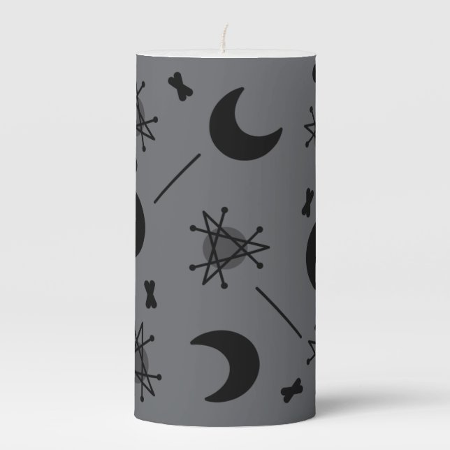 Moons & Stars Atomic Era Abstract Slate Gray Pillar Candle (Front)