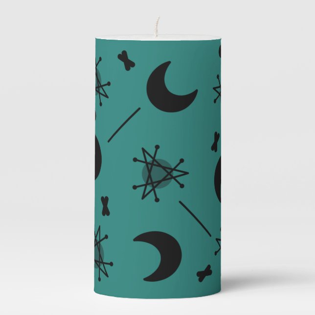Moons & Stars Atomic Era Abstract Teal Pillar Candle (Front)