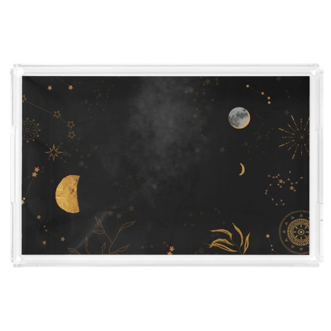 Moons stars constellation deep night sky decoupage acrylic tray (Front)