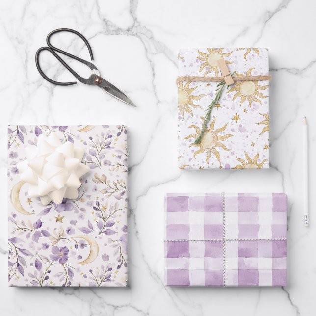 Moons Stars & Purple Flowers Baby Shower Wrapping Paper Sheets (Front)
