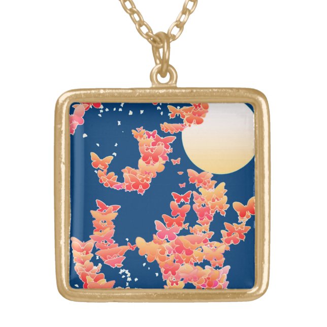 Moonscape with butterflies - coral, teal blue gold plated necklace (Front)
