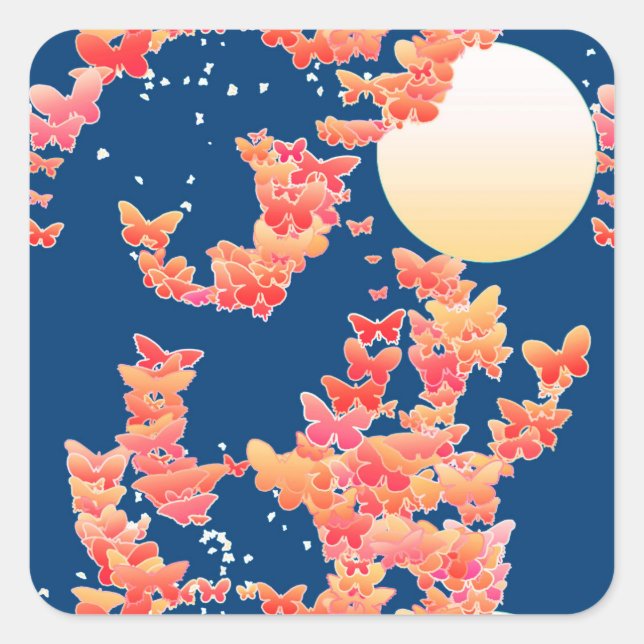 Moonscape with butterflies - coral, teal blue square sticker (Front)
