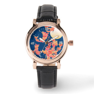 Moonscape with butterflies - coral, teal blue watch