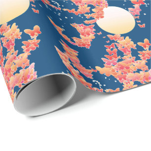 Moonscape with butterflies - coral, teal blue wrapping paper