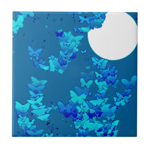 Moonscape with butterflies _ deep blue ceramic tile