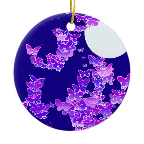 Moonscape with butterflies - lilac, dark blue ceramic ornament