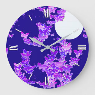 Moonscape with butterflies - lilac, dark blue large clock