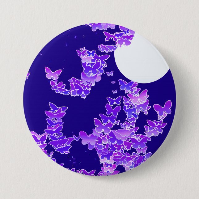Moonscape with butterflies - lilac, dark blue pinback button (Front)