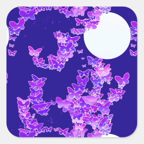 Moonscape with butterflies _ lilac dark blue square sticker