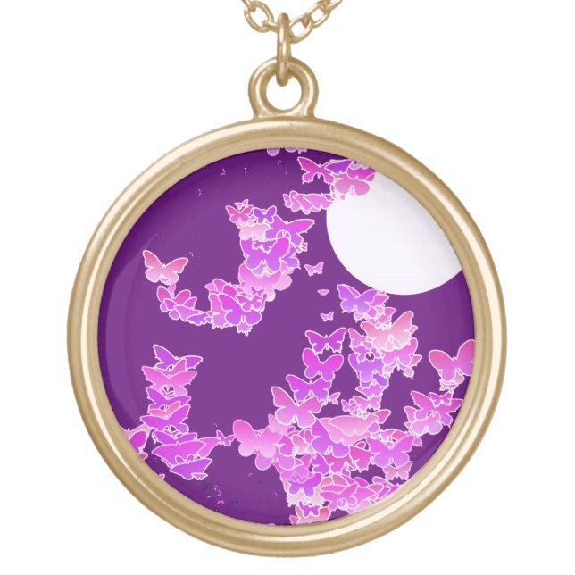 Moonscape with butterflies - orchid, amethyst gold plated necklace (Front)