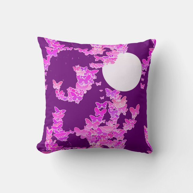 Moonscape with butterflies - orchid, amethyst throw pillow (Front)