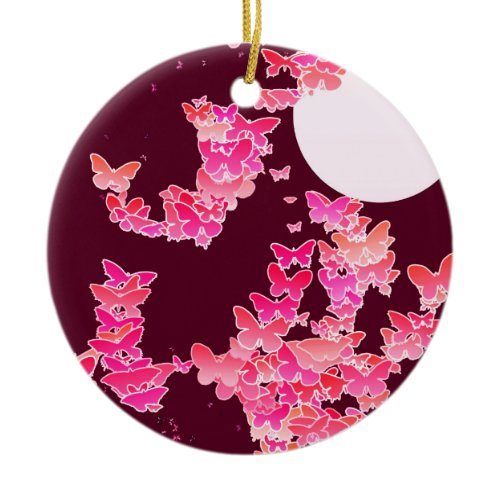 Moonscape with butterflies - pink, burgundy ceramic ornament