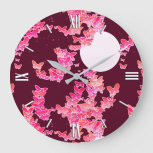 Moonscape with butterflies - pink, burgundy large clock