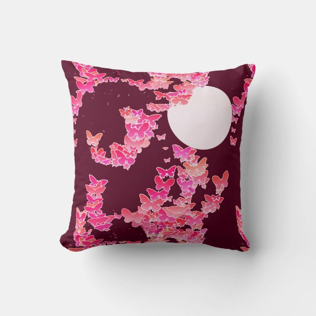 Moonscape with butterflies - pink, burgundy throw pillow (Front)