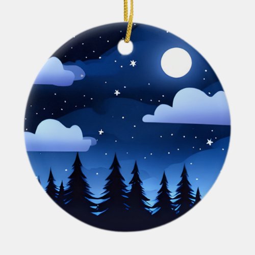Moonscape with Stars  Pine Trees   Ceramic Ornament